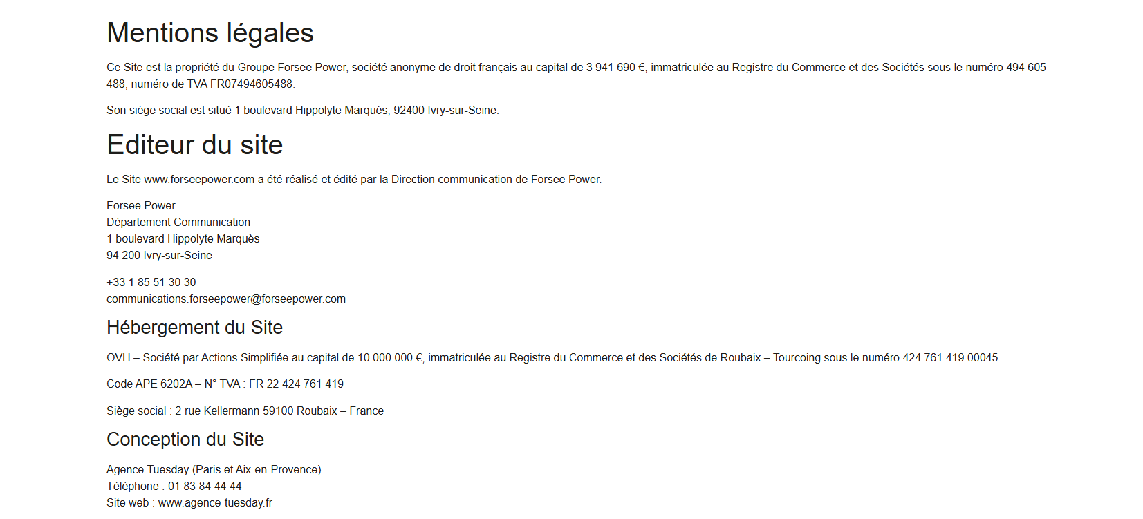 Page des mentions légales